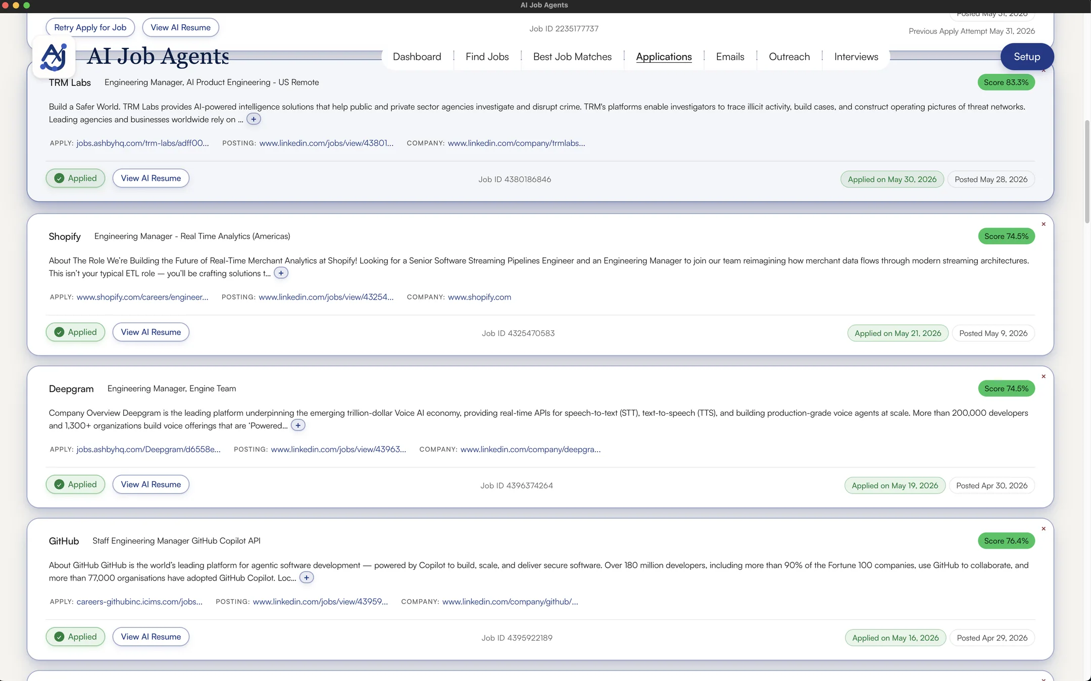 Applications view in AI Job Agents — list of submitted applications with the company, role, applied date, posted date, and quick actions to retry, view the tailored resume, or open the listing.