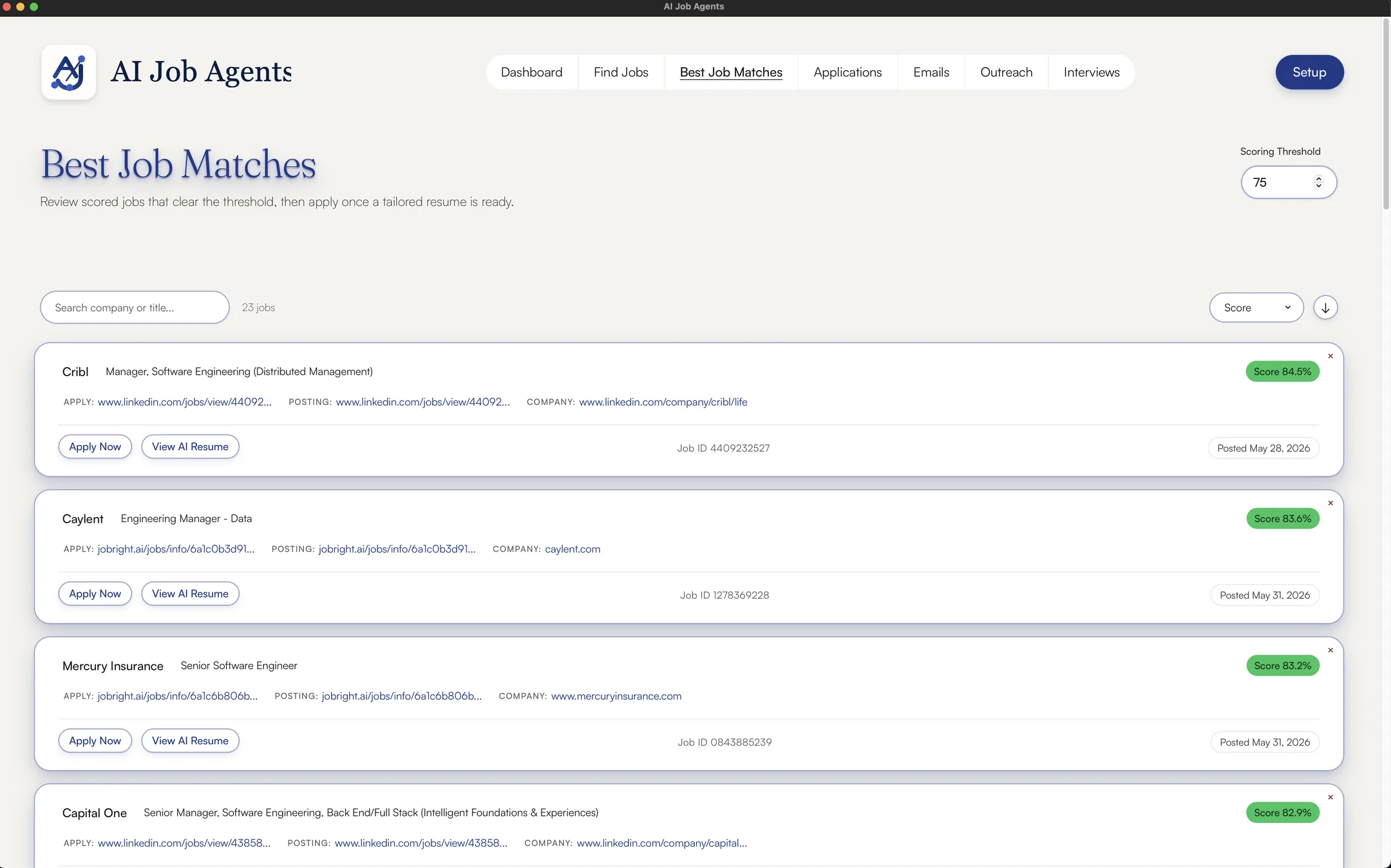 Best Job Matches view in AI Job Agents — ranked list of jobs that cleared the scoring threshold, with company, role, percentage match, and quick actions to apply or view the tailored resume.