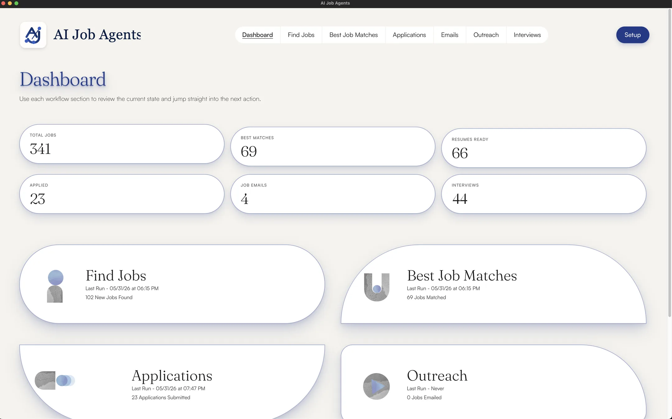 The AI Job Agents dashboard — totals for jobs scored, best matches, resumes ready, applications submitted, interview emails, and live status of each agent's last run.