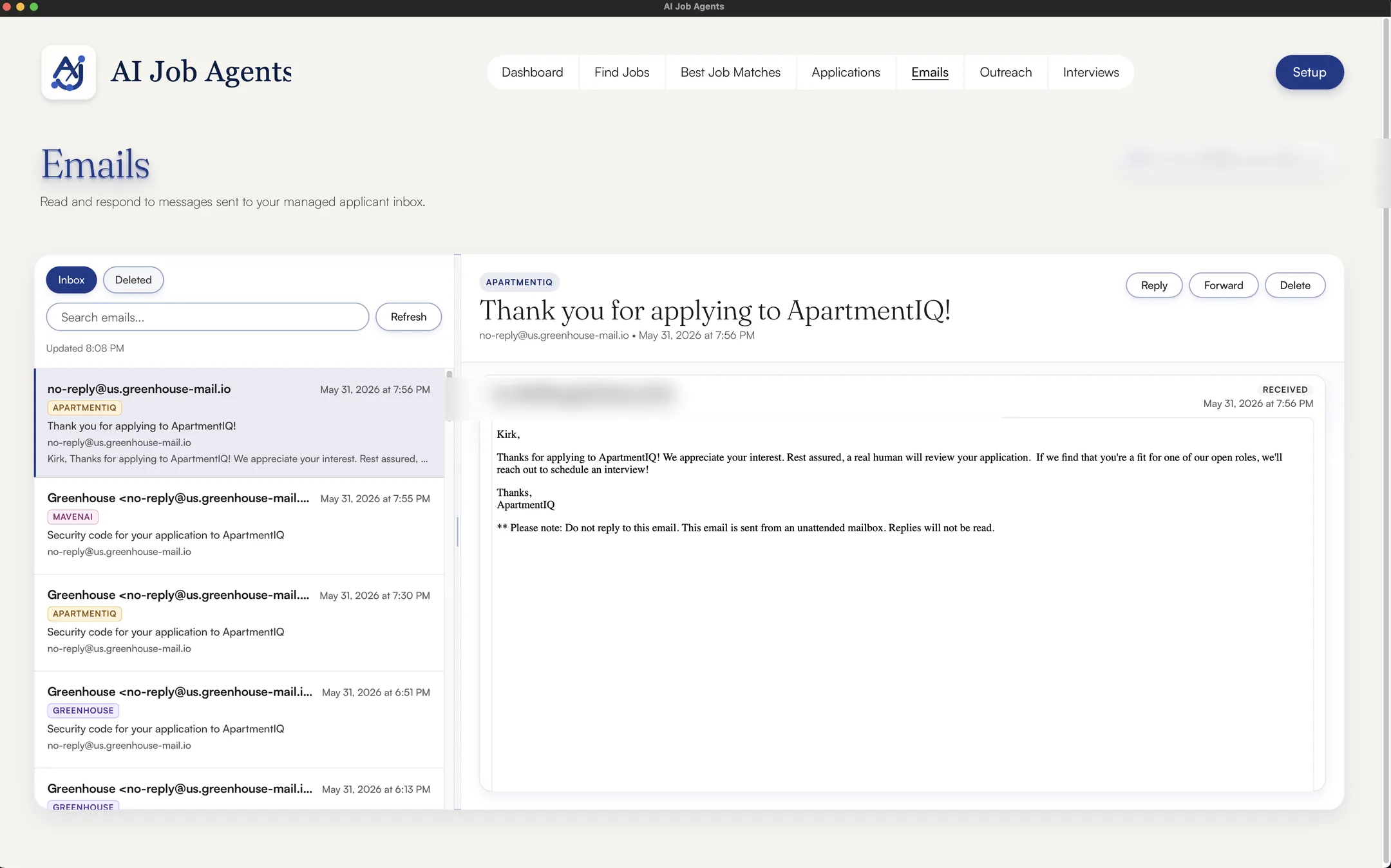 Emails view in AI Job Agents — managed inbox showing application receipts, security codes, and follow-up emails from each company you've applied to, with the highlighted message open in the reading pane.
