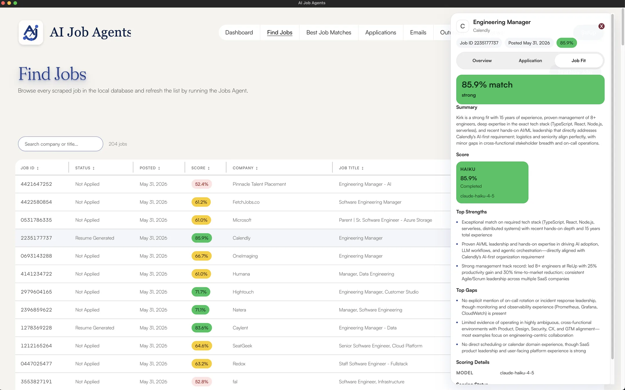 Find Jobs view in AI Job Agents — a table of newly-discovered roles with match scores, plus a side panel showing the score breakdown, summary, top strengths, and top gaps for the selected listing.