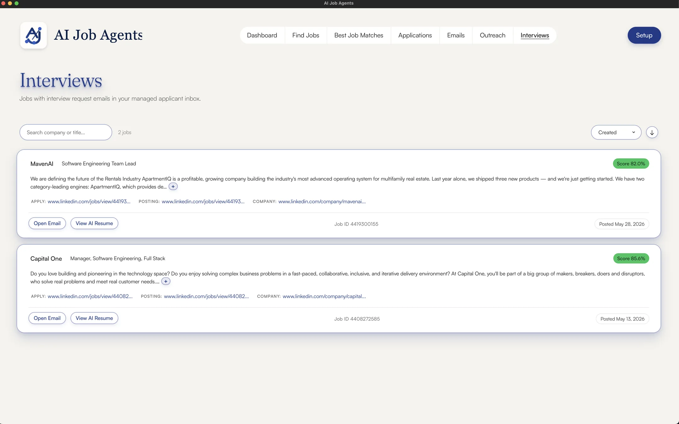 Interviews view in AI Job Agents — jobs that have led to interview-request emails, each card showing the company, the role, the match score, and a snippet of the inviting email. Quick actions to open the original message or view your tailored resume.