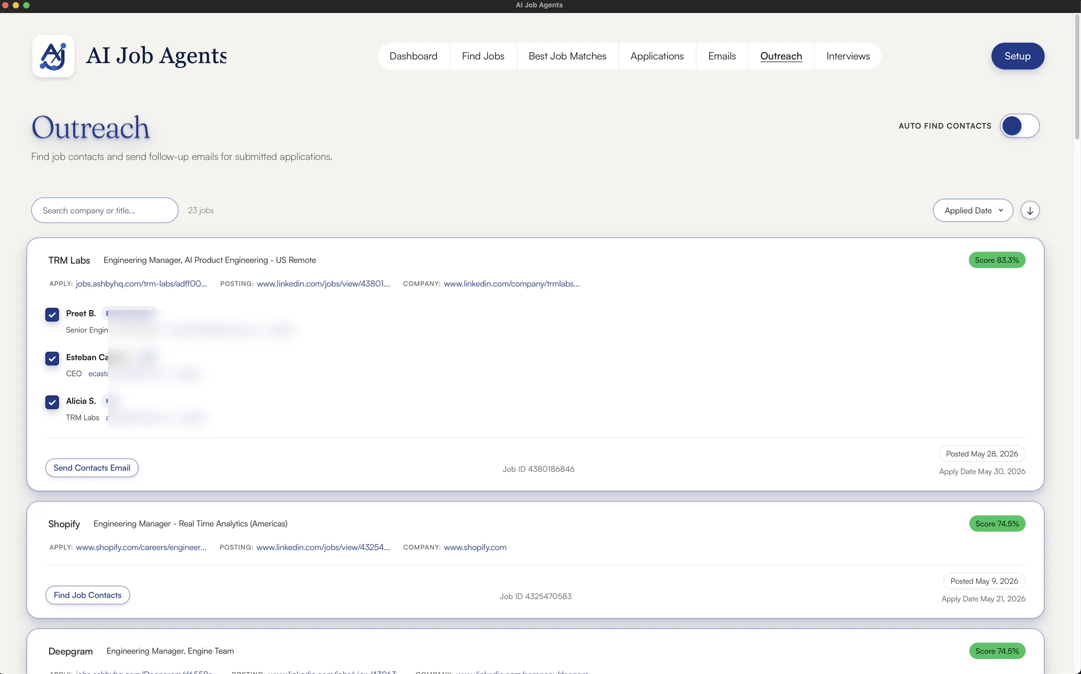 Outreach view in AI Job Agents — for each company you've applied to, the system surfaces the hiring manager and HR contacts found from the public posting. Each contact is shown with role and verified channels, ready for a personal note before submission.